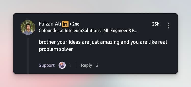User testimonial from LinkedIn
